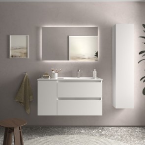 Mueble Blanco mate BEQUIA 900 con puerta lateral de 30 cm y lavabo cerámico 110504 110510