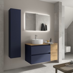 Mueble Azul satinado / Roble Africa BEQUIA 1000 con puerta y encimera con lavabo cerámico de posar 110560 